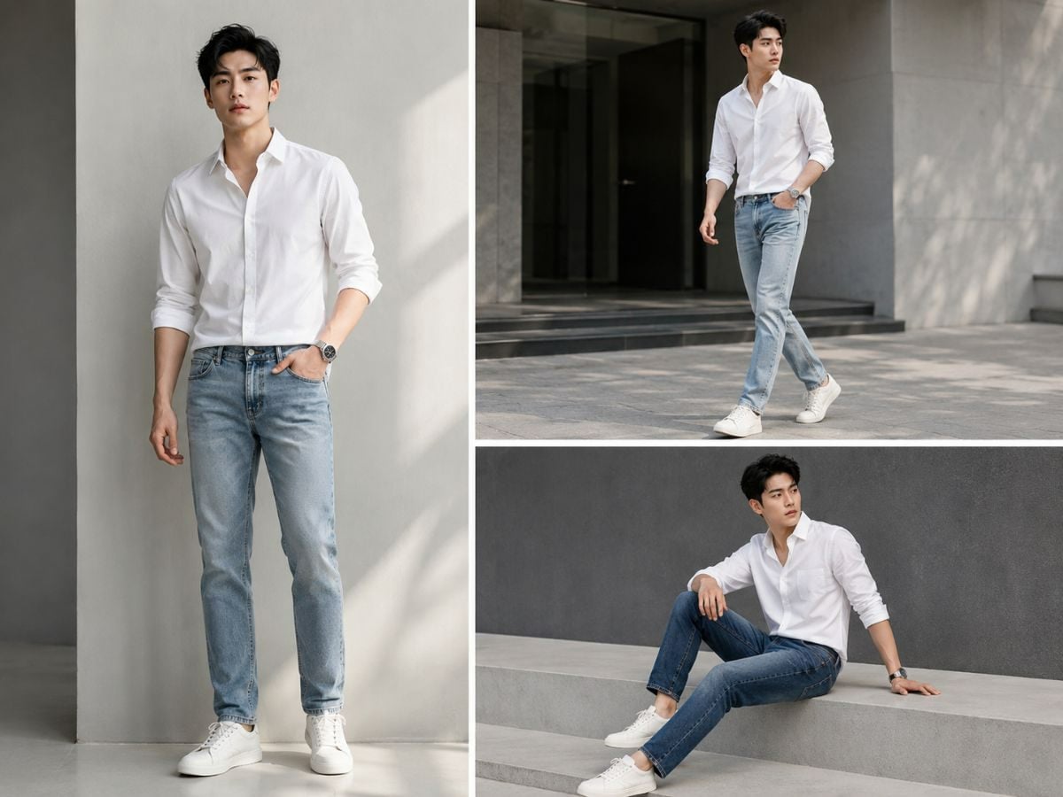 Quần jean áo sơ mi trắng outfit thanh lịch dễ mặc