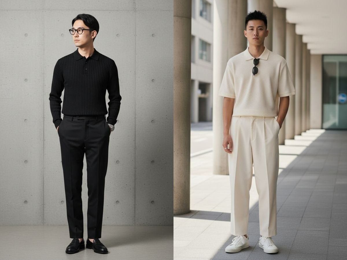 Outfit tone-sur-tone áo polo quần tây