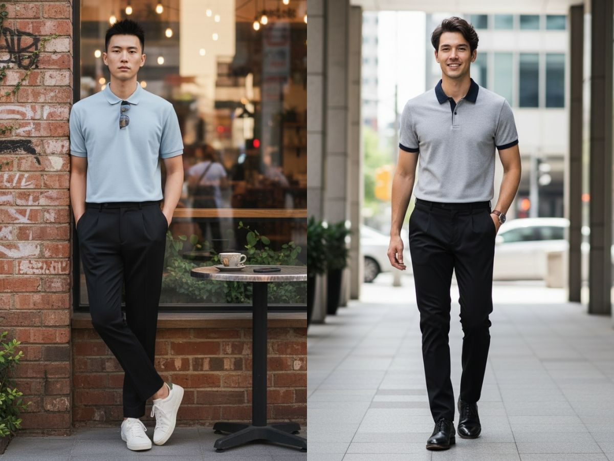 Quần tây xếp ly phối polo trơn kiểu Smart Office