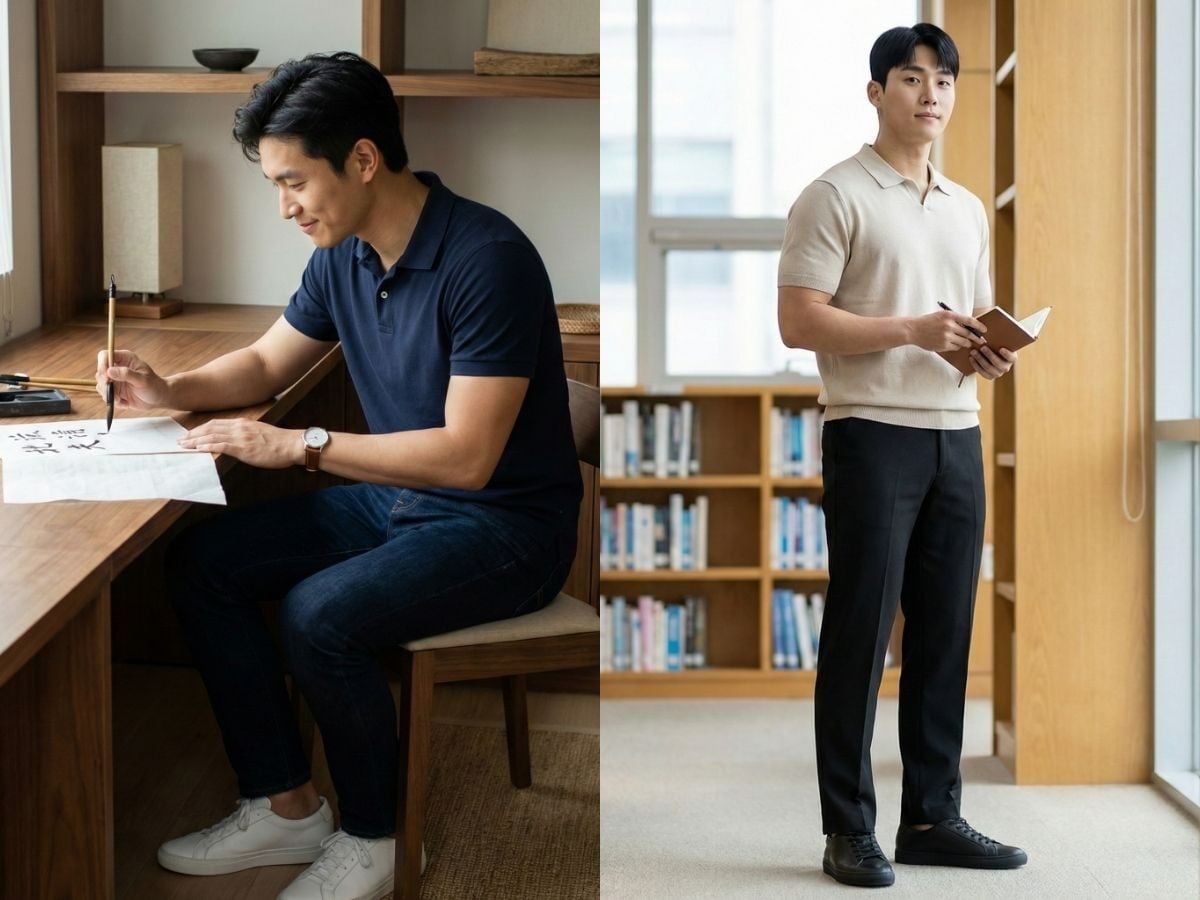 Phối áo polo có cổ với quần jeans tối màu để khai bút đầu năm