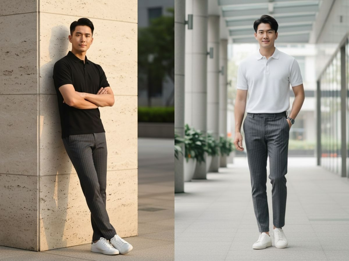 Polo trơn phối quần tây caro nhỏ