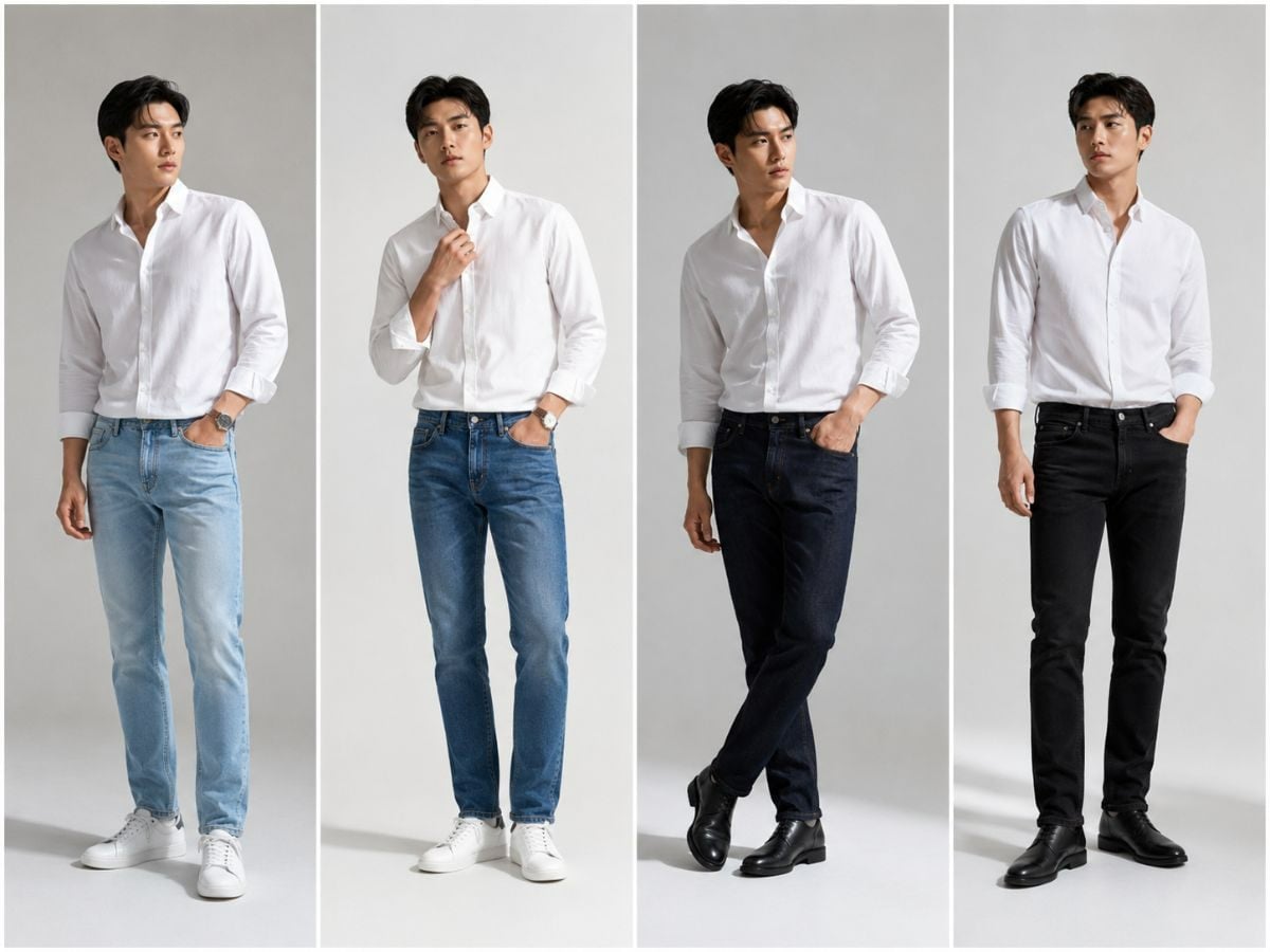Dễ chọn màu quần jean khi phối với áo sơ mi trắng