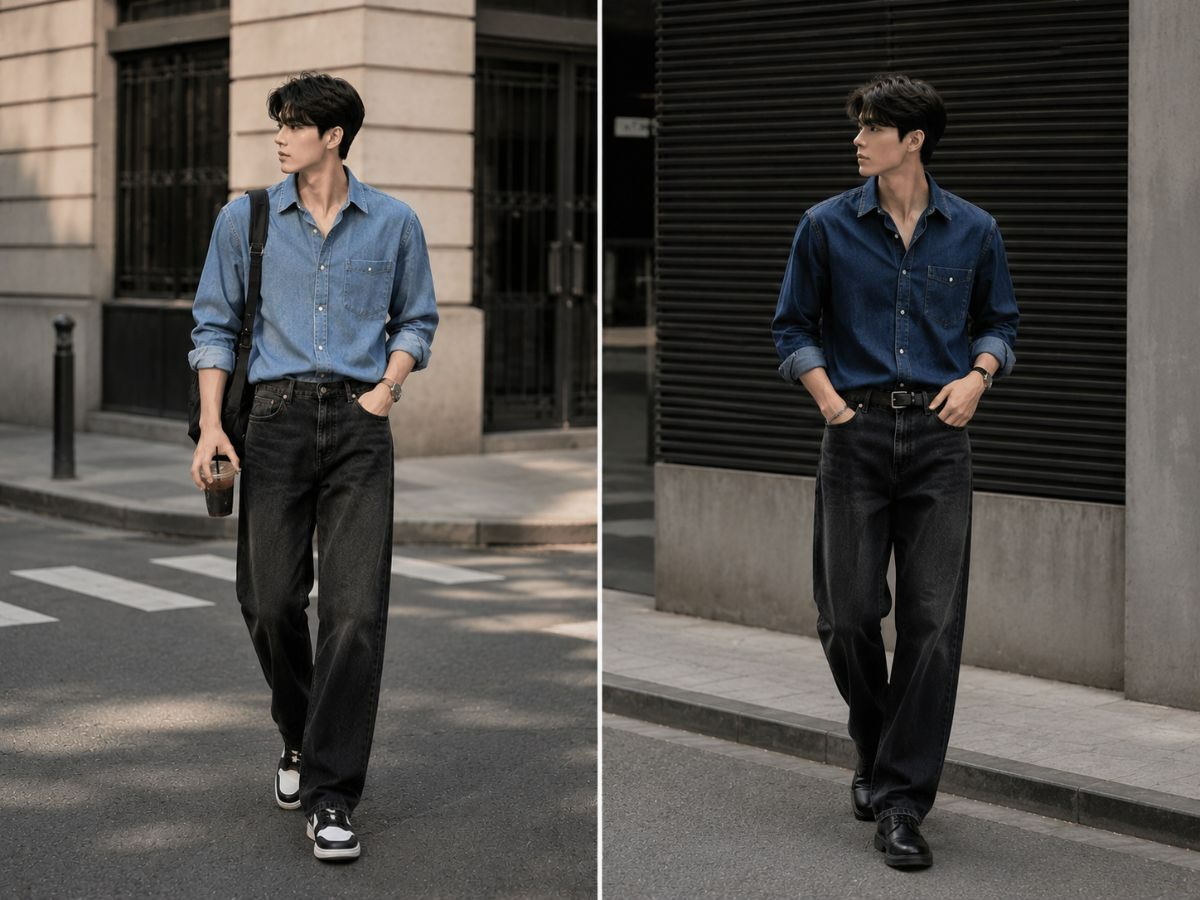 Sơ mi denim phối jean đen mang nét bụi bặm, phóng khoáng