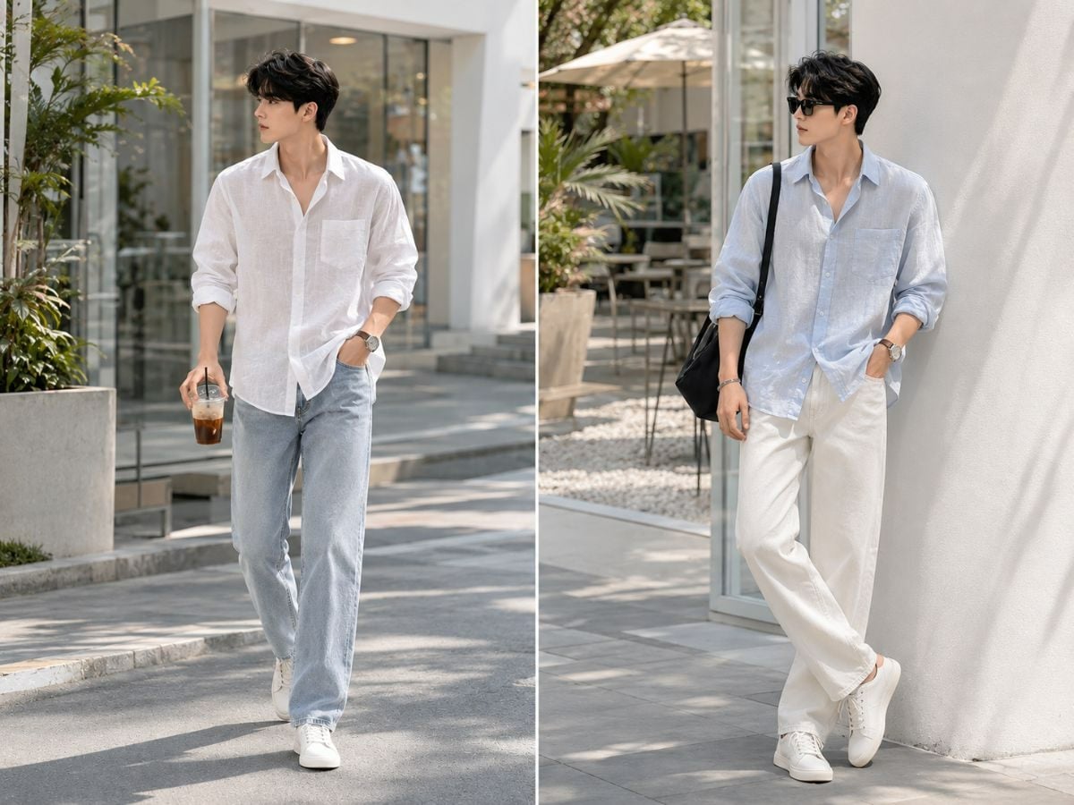 Sơ mi linen cùng jean sáng màu phù hợp những ngày hè nhẹ nhàng