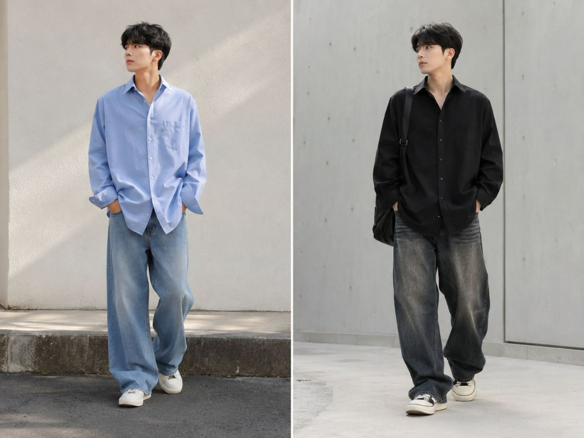 Sơ mi oversize phối jean ống rộng tạo cảm giác tự do, hiện đại