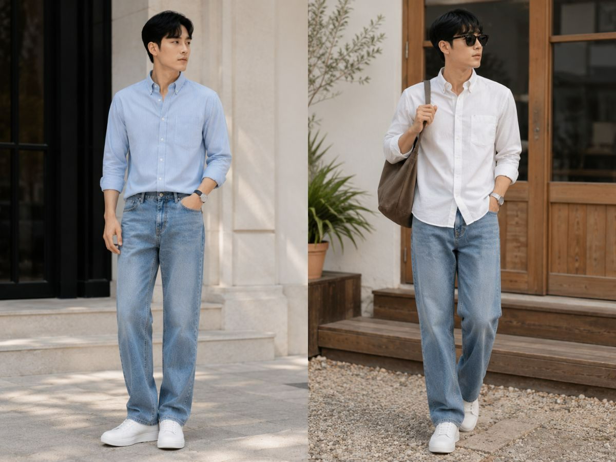 Sơ mi Oxford và jean ống suông mang lại phong cách smart casual gọn gàng