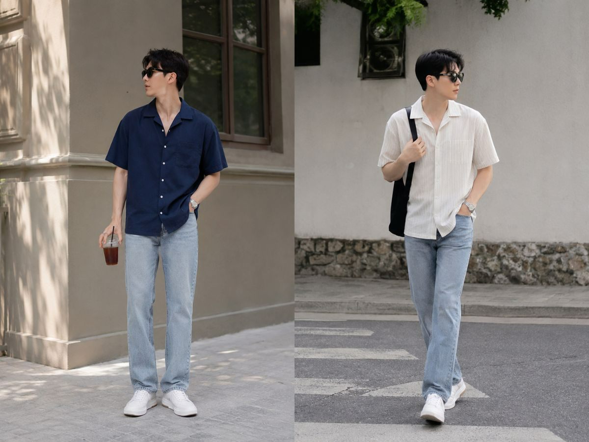 Sơ mi tay ngắn cùng jean straight fit giúp outfit cuối tuần gọn gàng