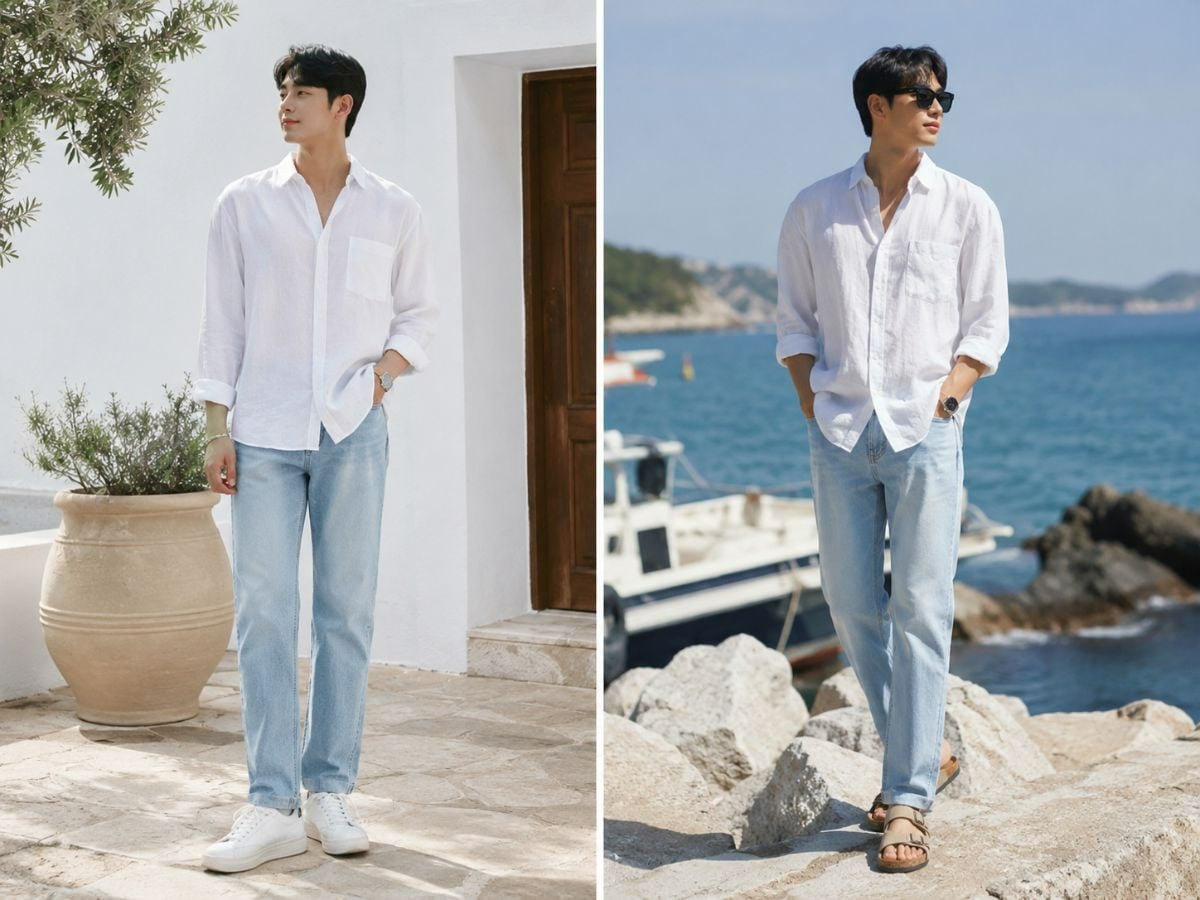 Sơ mi trắng linen phối jean sáng màu mang cảm giác nhẹ nhàng mùa hè