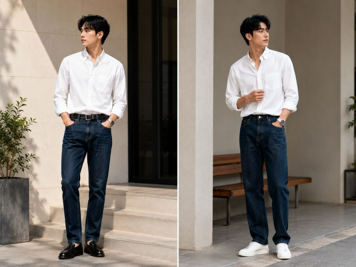 Sơ mi trắng regular và jean xanh đậm tạo vẻ ngoài chỉn chu, dễ mặc
