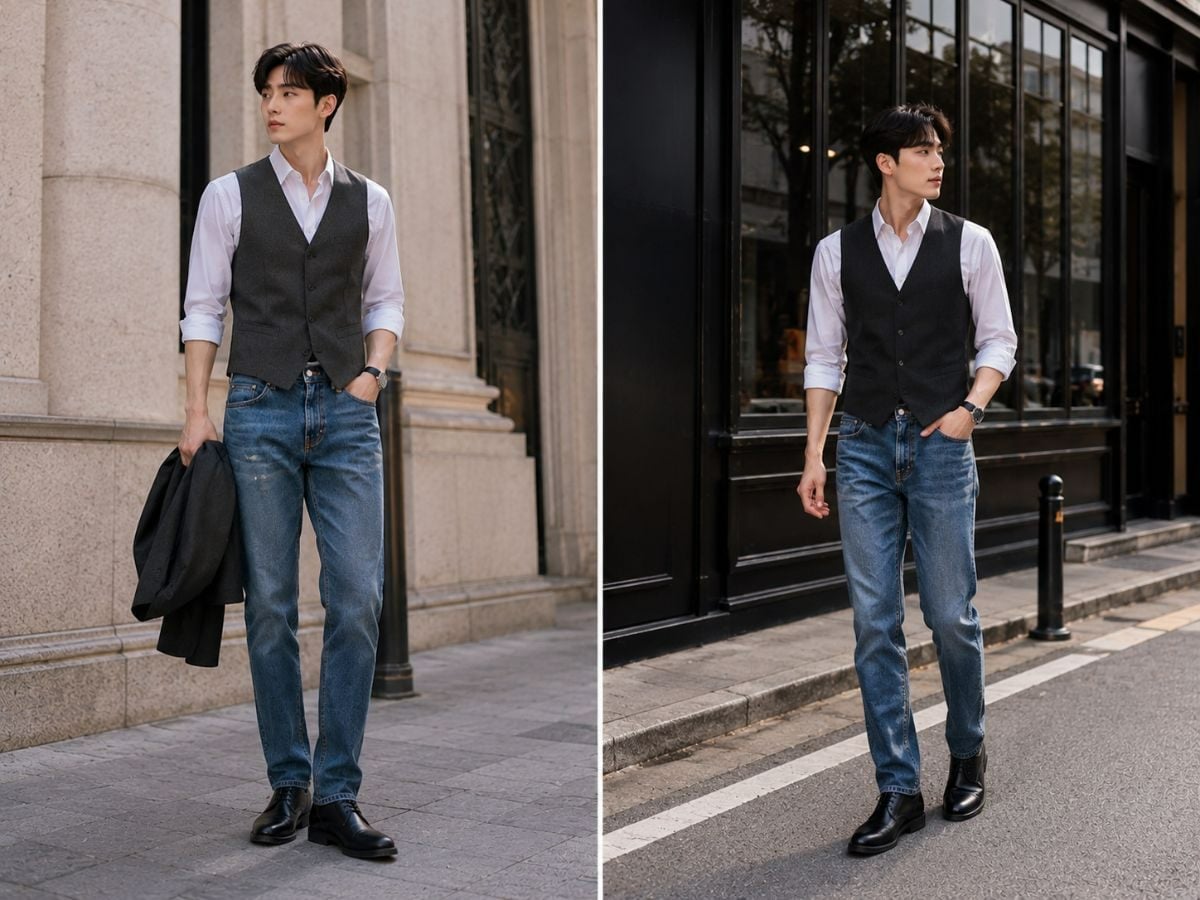 Vest gile phối sơ mi trắng và jean xanh tạo nét cổ điển, phóng khoáng