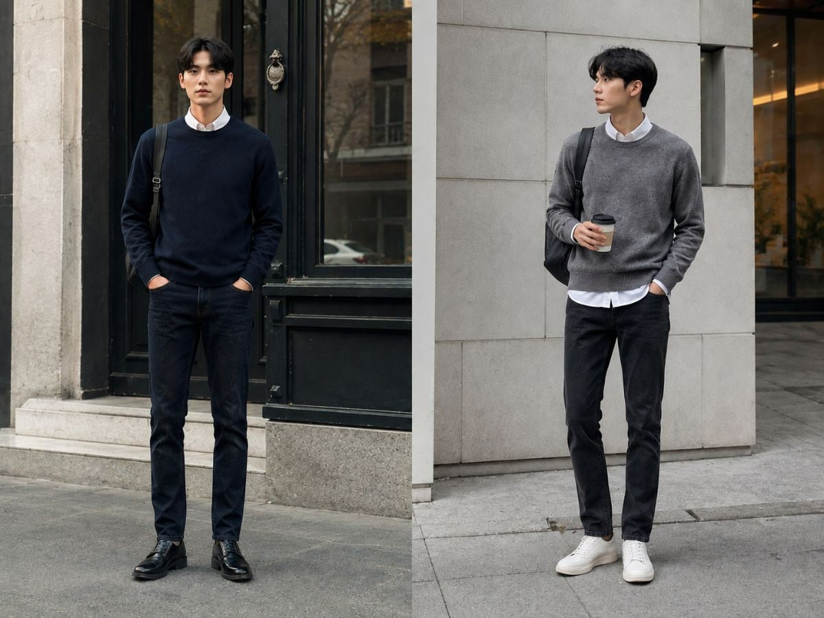 Sweater cổ tròn layer sơ mi trắng giúp outfit gọn gàng, tri thức