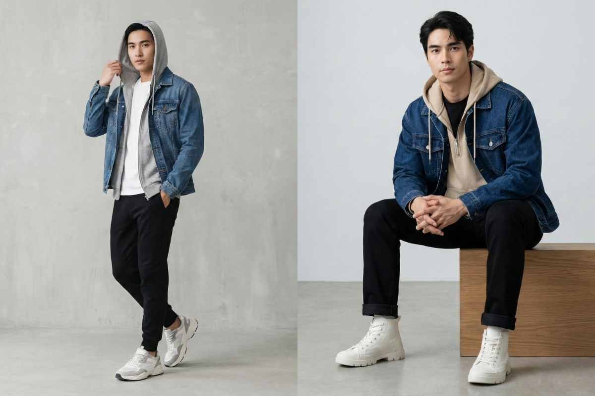 Phối áo thun trơn với áo khoác nỉ có mũ và áo khoác denim