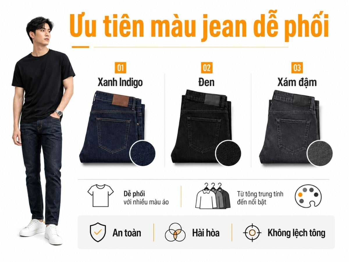 Jean xanh indigo, đen hoặc xám đậm giúp outfit dễ phối hơn