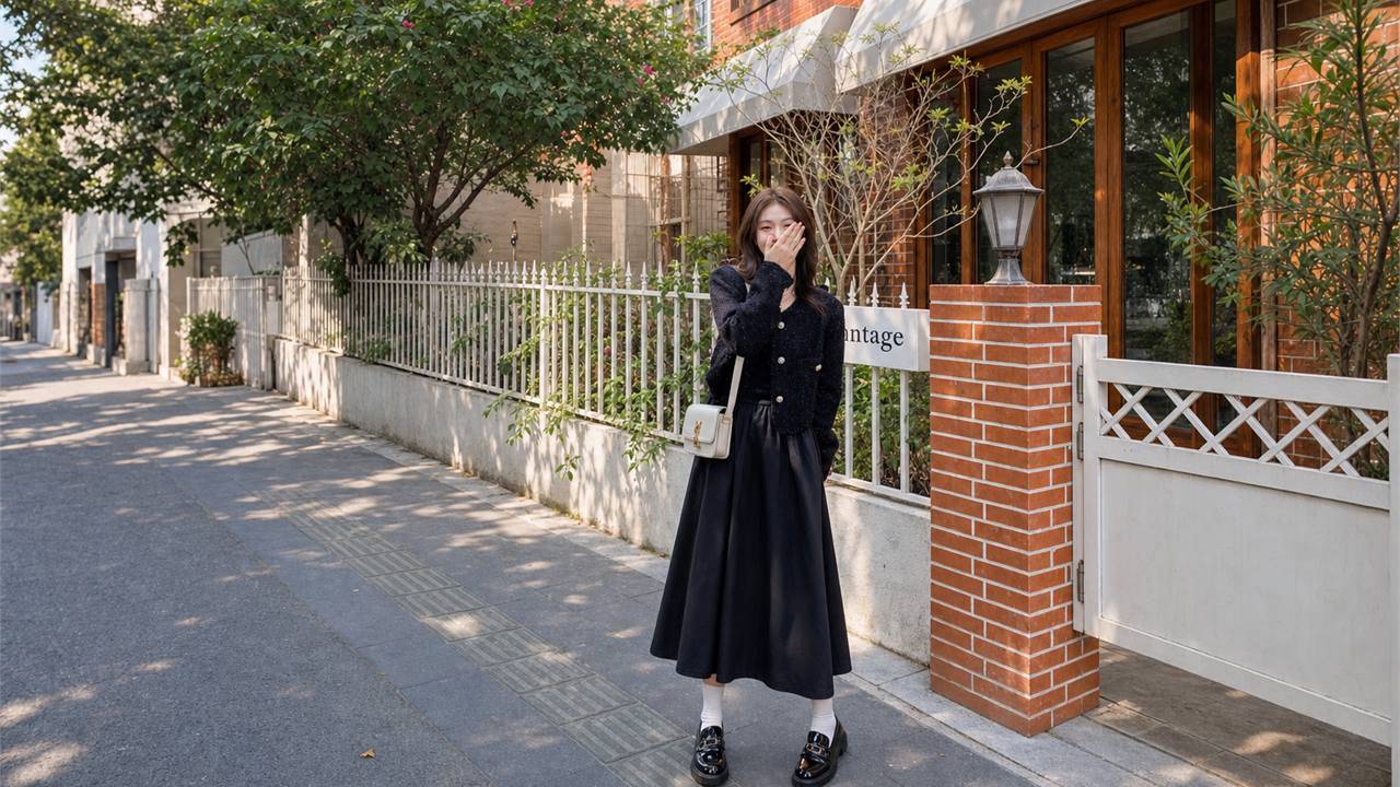 Outfit nữ đi chơi với chân váy midi và áo ôm gọn phần trên