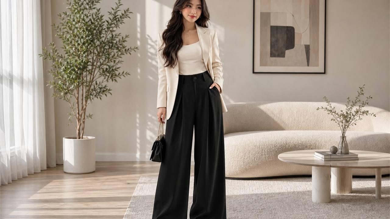 Phối quần tây ống rộng nữ theo tone monochrome để nhìn sang hơn