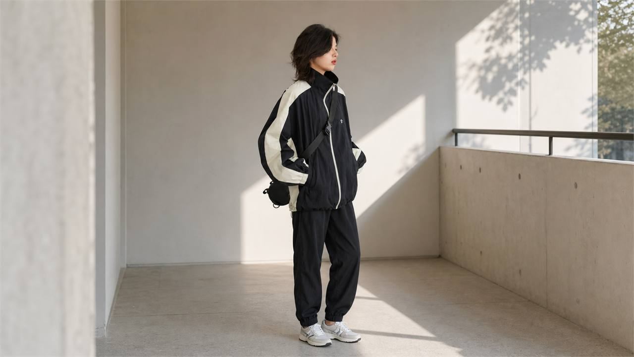Áo khoác gió nữ phối với quần jogger đồng màu