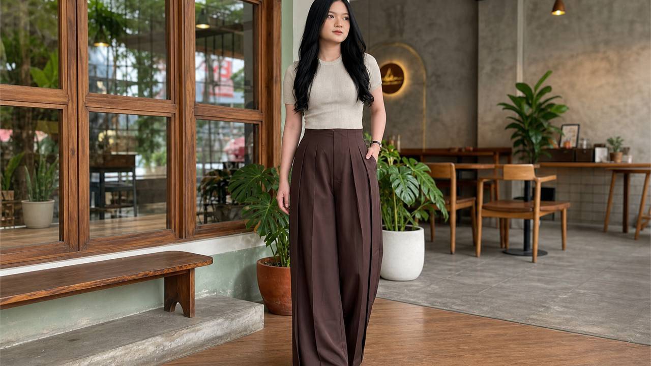 Phối quần tây ống rộng nữ với áo len mỏng hoặc knit top cho ngày mát trời