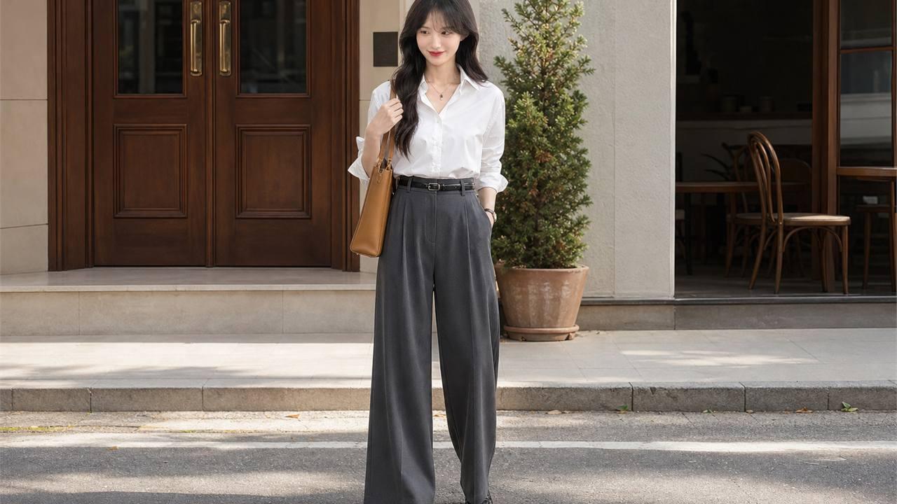 Outfit công sở nữ với sơ mi quần suông và túi có phom rõ