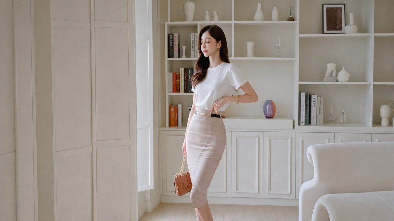 Phối váy bút chì với áo thun để bộ đồ bớt nghiêm