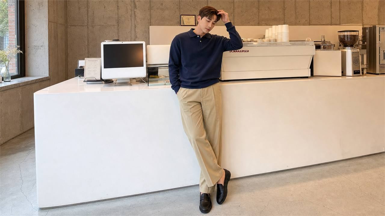 Phối áo polo nam với quần kaki be theo hướng smart casual nhẹ