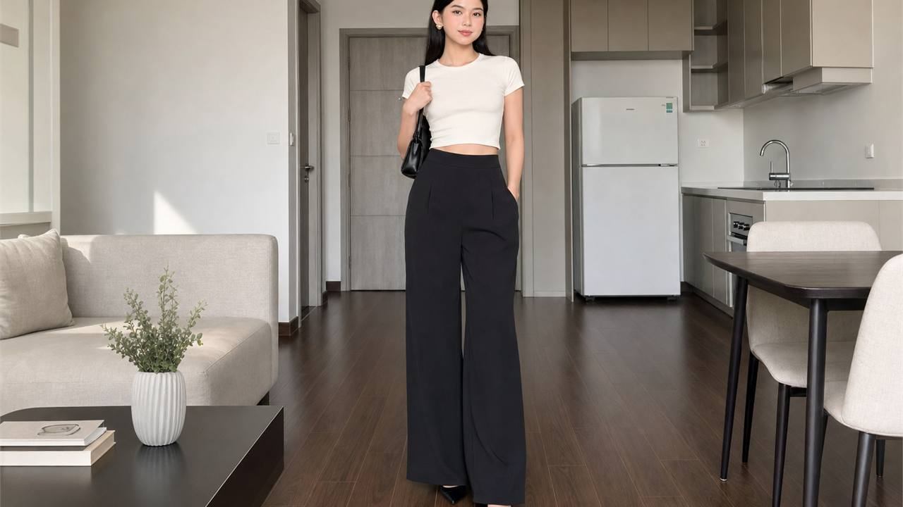 Phối quần tây ống rộng nữ với croptop hoặc áo ngắn vừa phải để kéo tỷ lệ