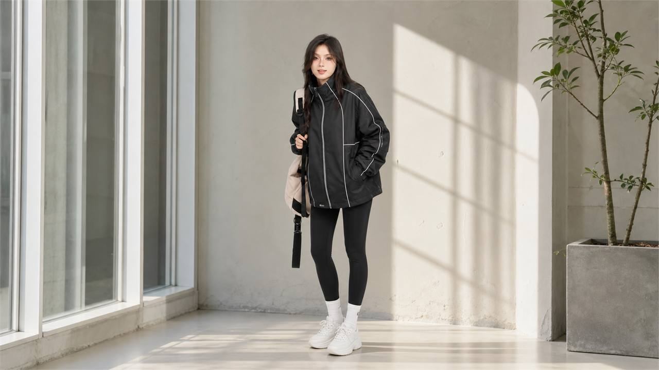 Áo khoác gió nữ phối với legging và sneaker năng động