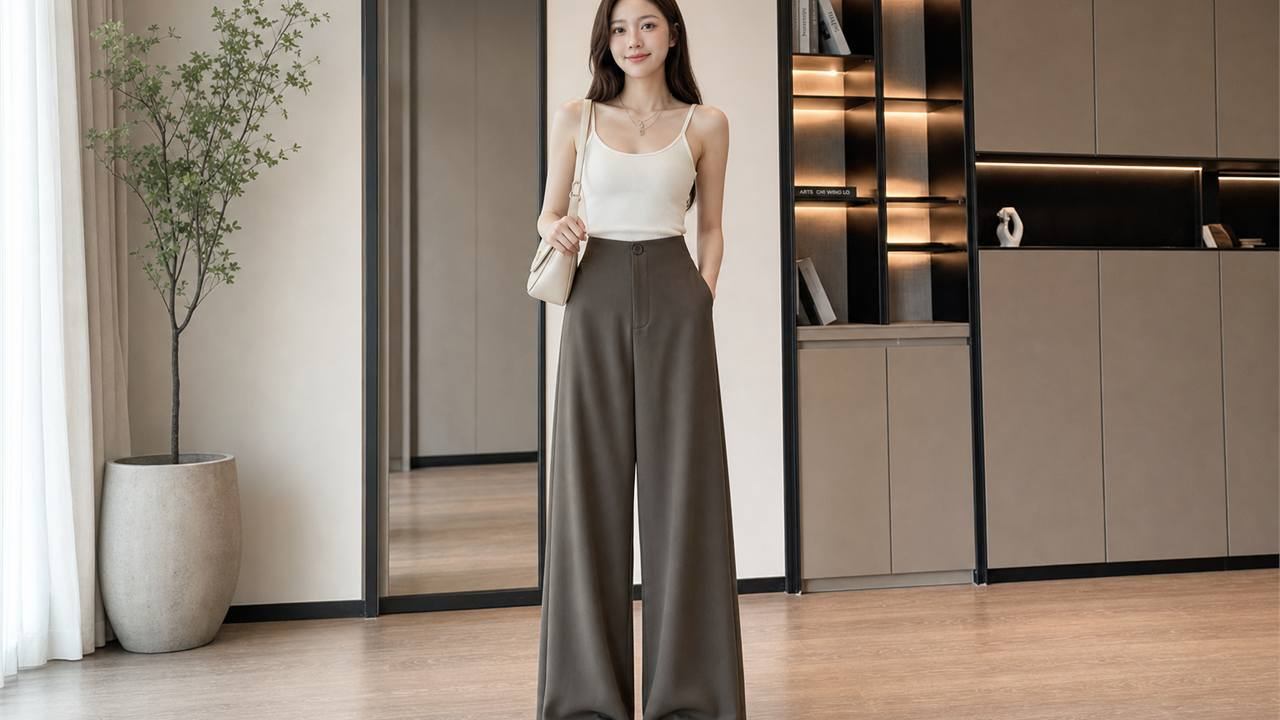 Phối quần tây ống rộng nữ với áo hai dây hoặc tank top rồi khoác ngoài