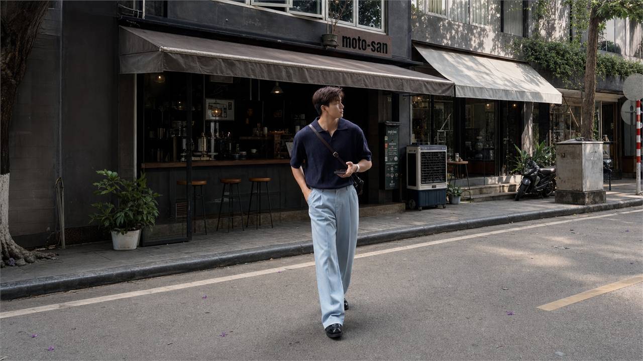 Phối áo polo nam với quần tây ống đứng theo hướng smart casual sáng