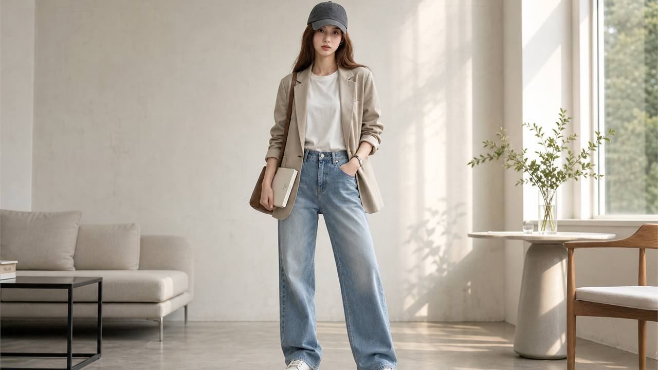Outfit casual nữ với áo thun jeans ống đứng và sneakers