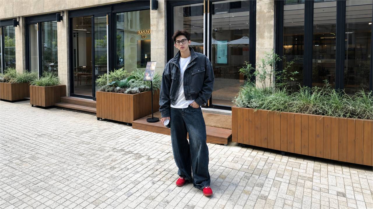 Phối quần jeans ống rộng nam với bomber hoặc denim jacket để tăng chất street