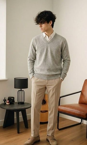 Áo len cổ V phối sơ mi và quần tây lịch lãm