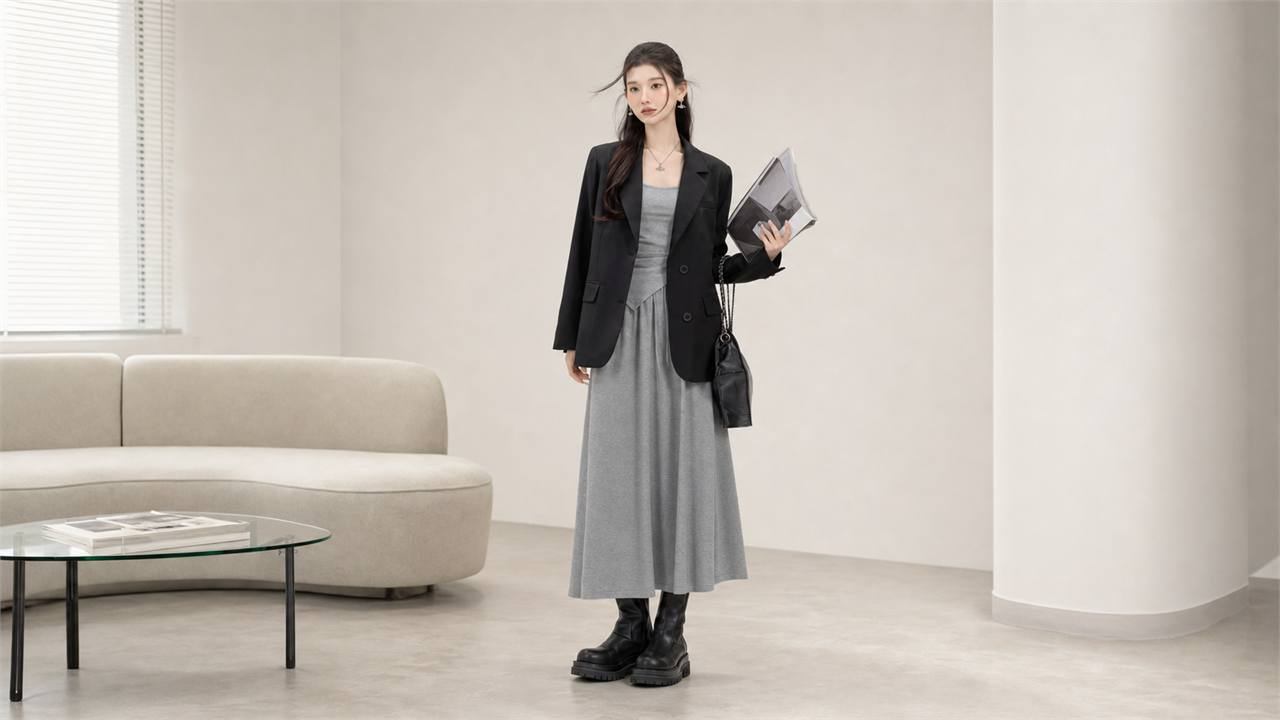 Váy midi thay đổi tinh thần outfit bằng chất liệu form váy và giày