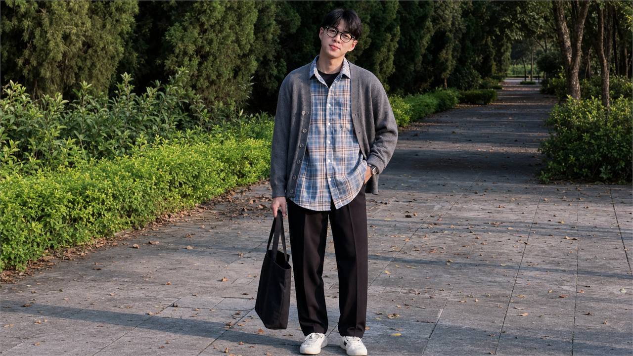Phối áo sơ mi caro nam theo kiểu layering với áo tối màu bên trong