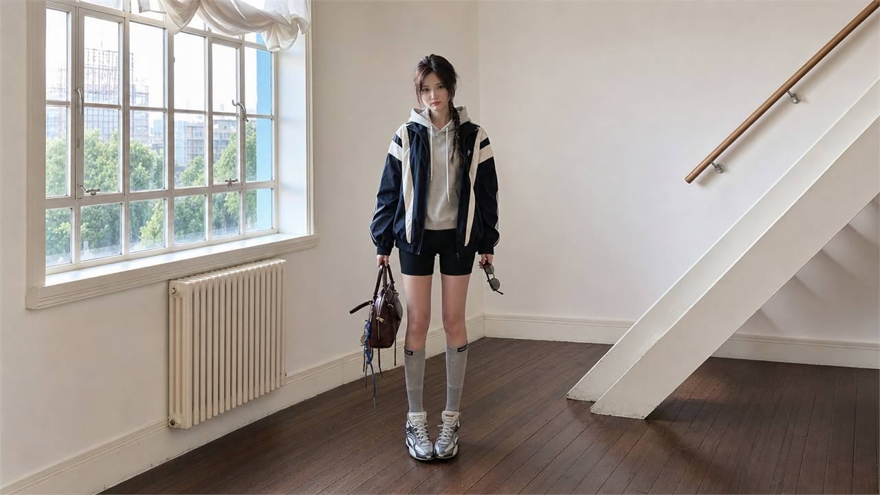 Áo khoác gió nữ phối với hoodie mỏng và quần short xe đạp