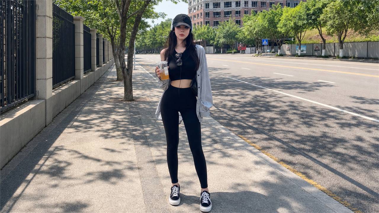 Quần legging phối với áo croptop và khoác ngoài mỏng