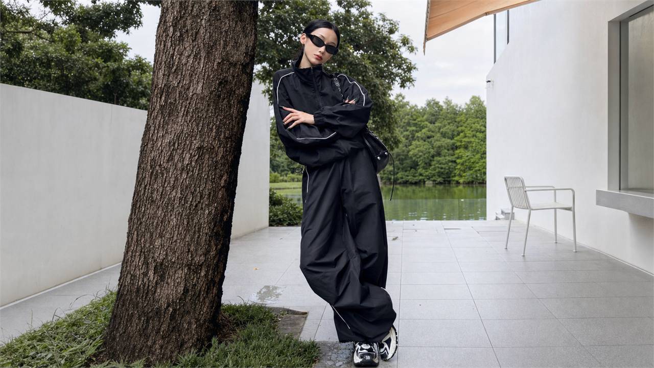 Áo khoác gió nữ với set đơn sắc athleisure gọn gàng