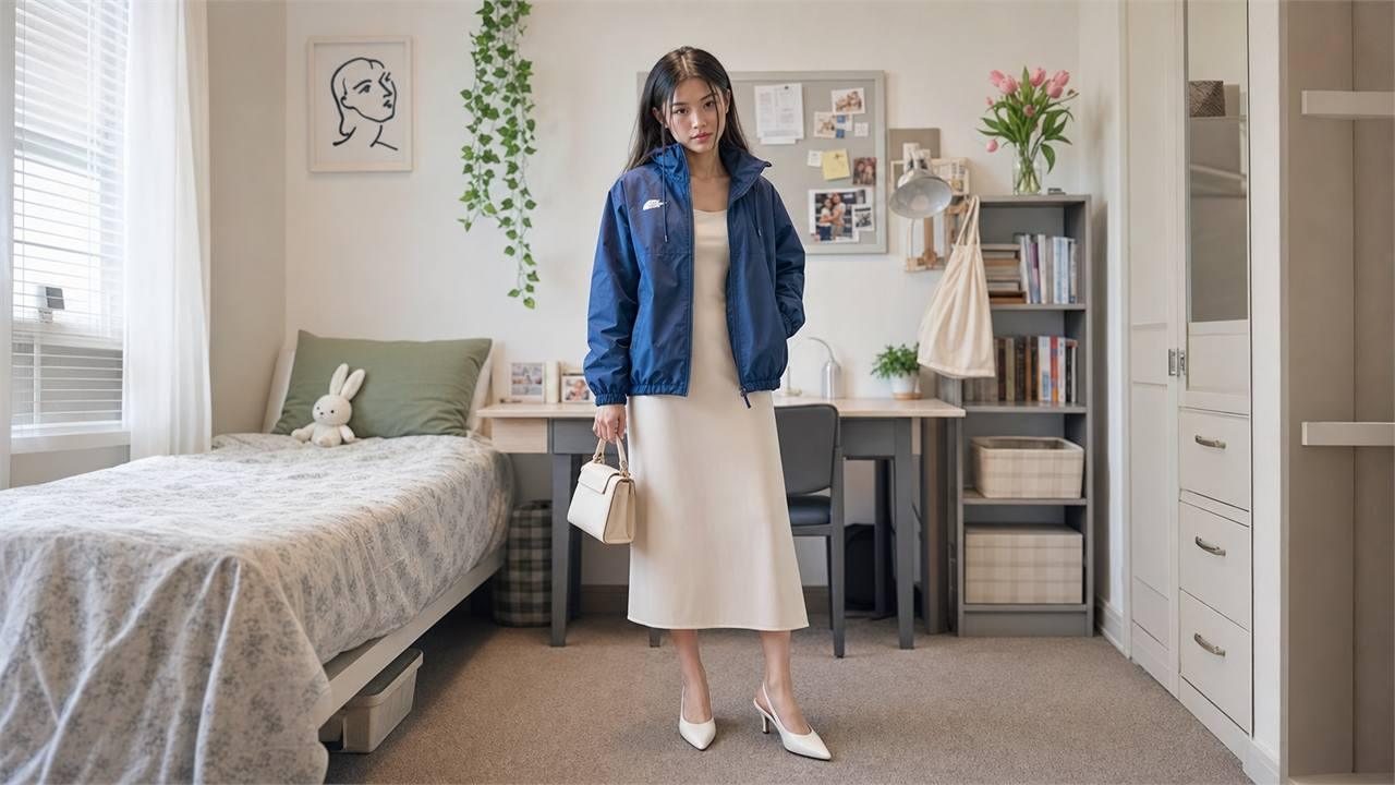 Áo khoác gió nữ phối với váy liền thân tối giản