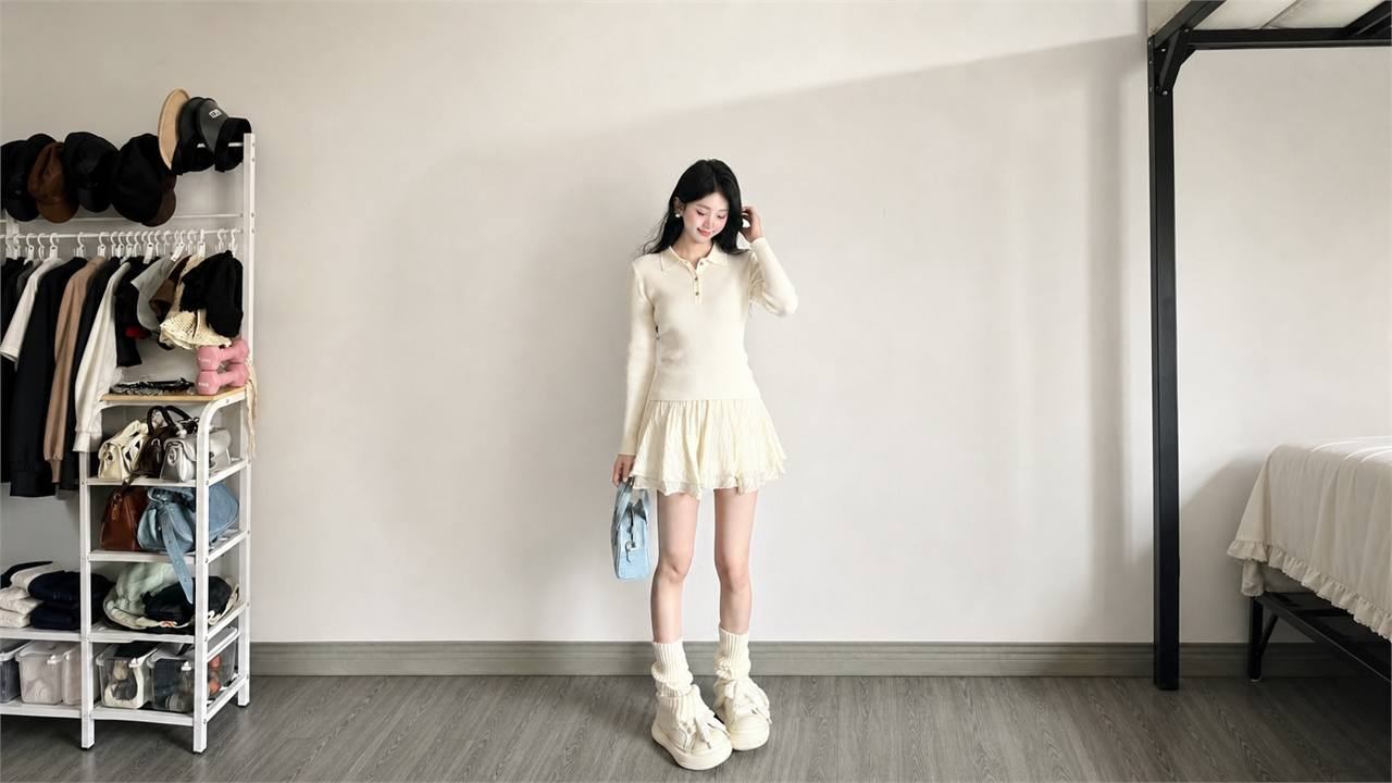 Phối chân váy xếp tầng ngắn với áo polo hoặc knit top gọn và có gu hơn