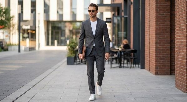 Mặc vest đi giày thể thao - Suit xám + Sneaker trắng