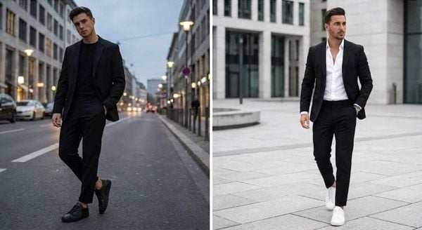 Mặc vest đi giày thể thao - Suit đen + Sneaker đen hoặc trắng tối giản