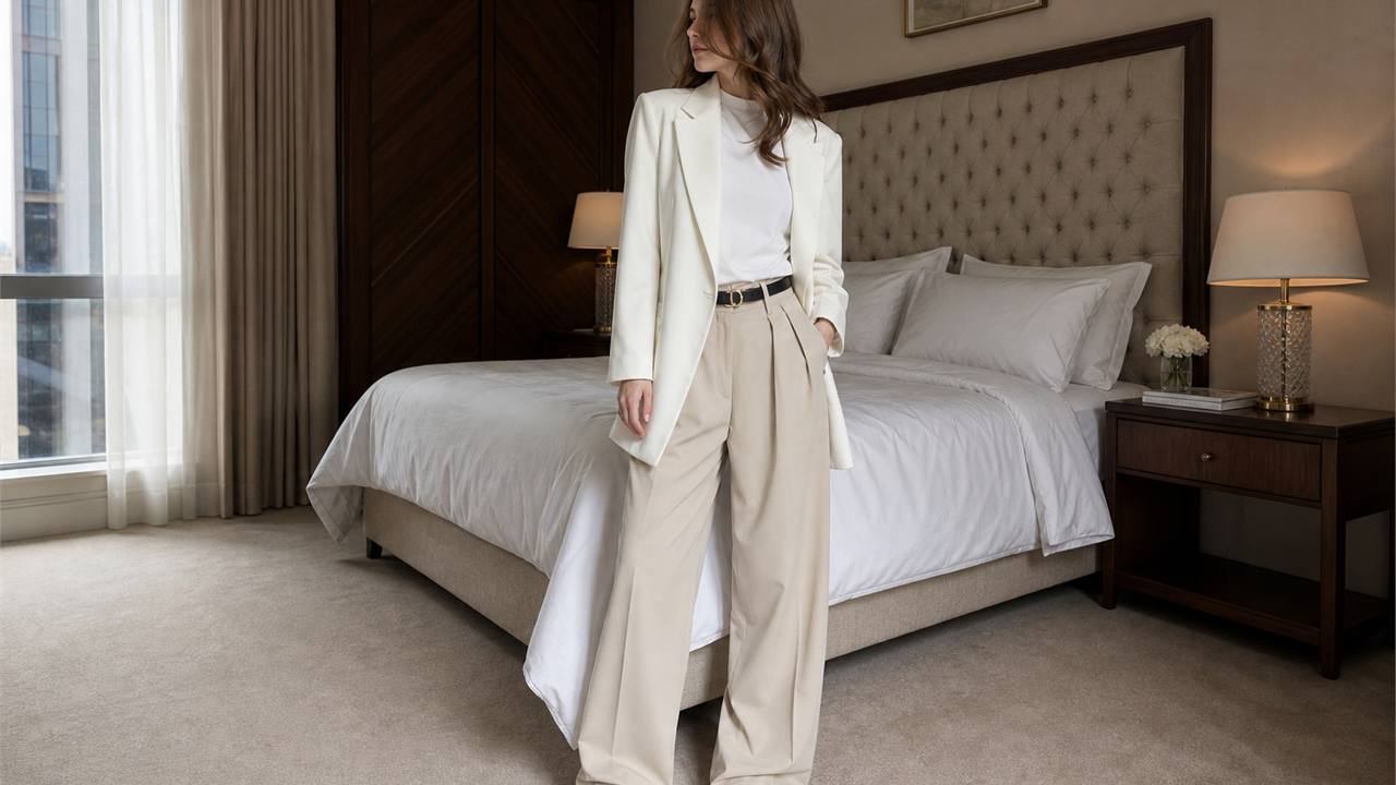 Phối quần tây ống rộng nữ với blazer theo set smart casual hoặc công sở hiện đại