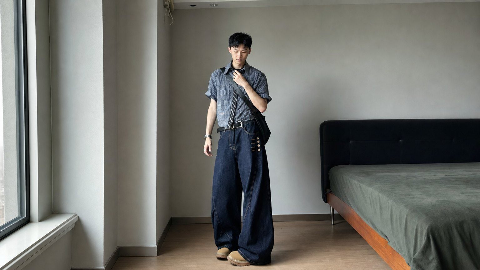 Phối quần jeans ống rộng nam với sơ mi ngắn tay khi muốn sáng và có gu hơn