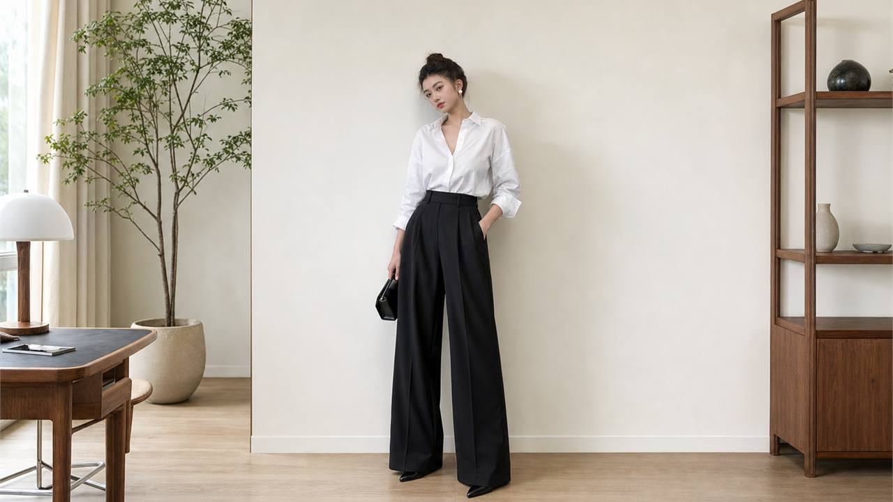 Phối quần tây ống rộng nữ với áo sơ mi để có công thức chỉn chu và an toàn
