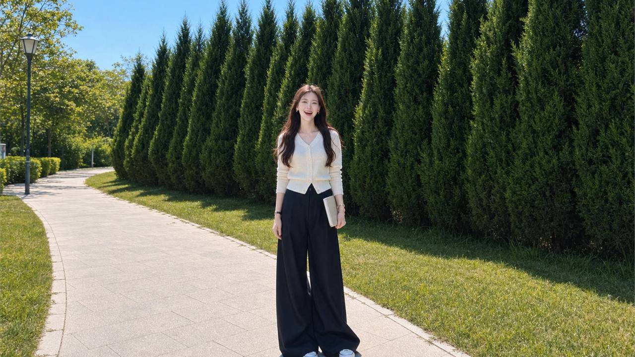 Phối quần tây ống rộng nữ với cardigan cài cúc như áo chính để nhìn mềm và tinh hơn