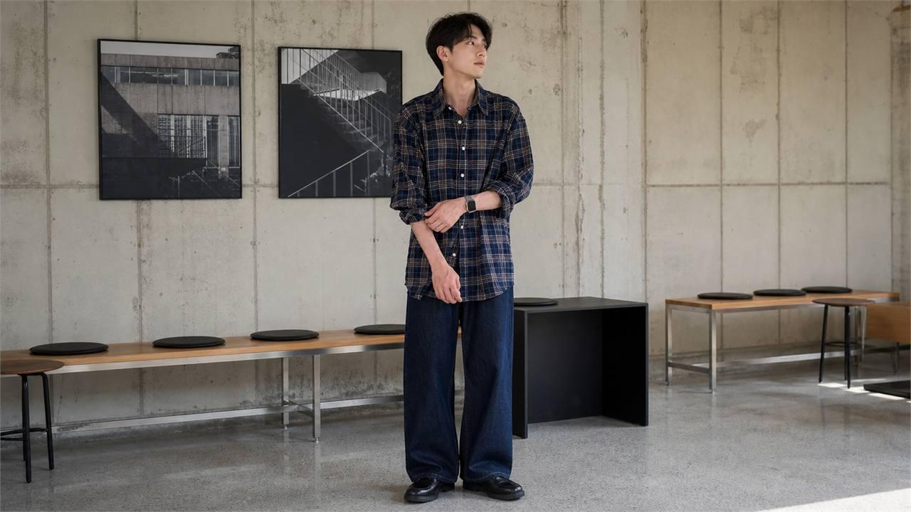 Phối áo sơ mi caro nam với quần jeans xanh đậm gọn và nam tính