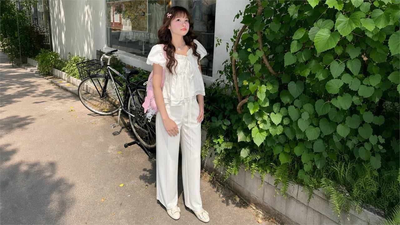 Phối áo tay phồng với quần trắng hoặc be để outfit sáng và nhẹ hơn