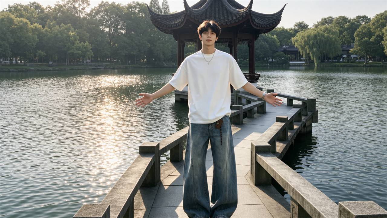 Phối quần jeans ống rộng nam với áo thun trơn để giữ set đồ gọn và nam tính
