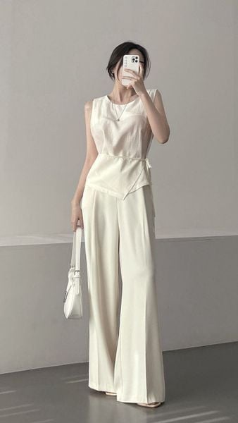 Outfit đi đám cưới cho nữ - Áo voan + quần ống rộng rủ