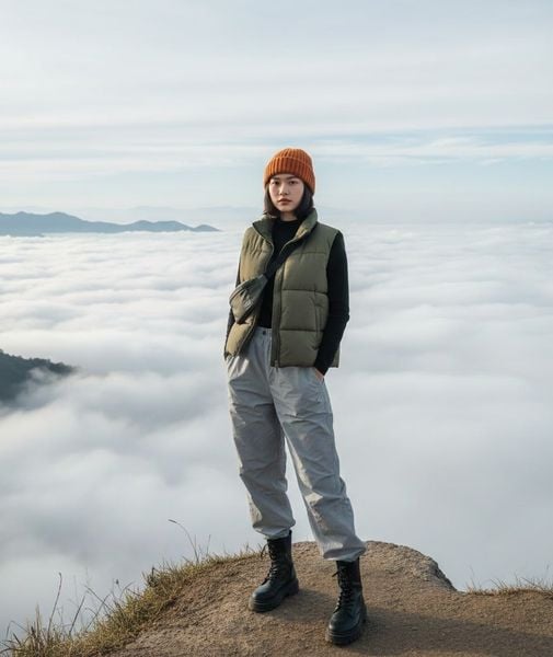 Outfit đi Tà Xùa - Áo giữ nhiệt cao cổ phối cùng áo gile phao và quần Parachute