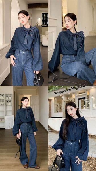 Phối đồ với túi xách - Blouse tay bồng + quần jeans tối + túi satchel
